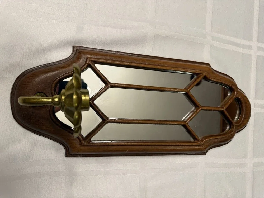 Vintage MCM Metal Mirrored Candle Wall Sconces Faux Wood Sexton HODA Pair